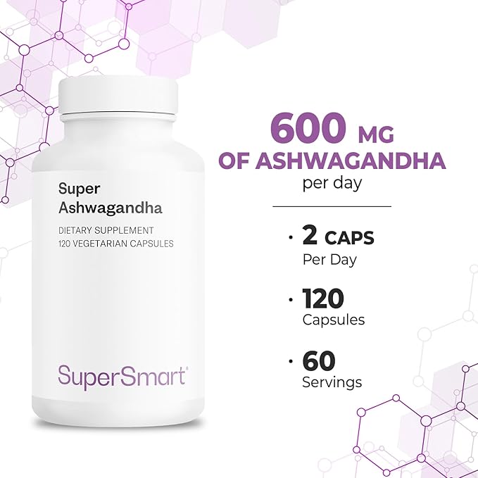 SuperSmart - Super Ashwagandha 600mg per Day (Patented) - KSM-66 Ashwagandha - High Potency 5% Withanolides | Non-GMO & Gluten Free - 120 Vegetarian Capsules