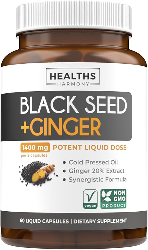 Black Seed Oil Capsules with Ginger Extract - 1400mg - 60 Liquid Capsules (Non-GMO & Vegan) - Natural Support for Healthy Joints and Digestive Health