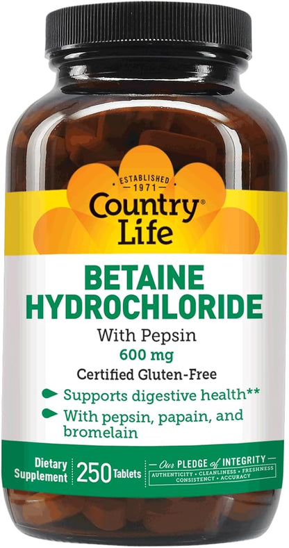 Country Life Betaine Hydrochloride with pepsin 600 mg - 250 Tablets