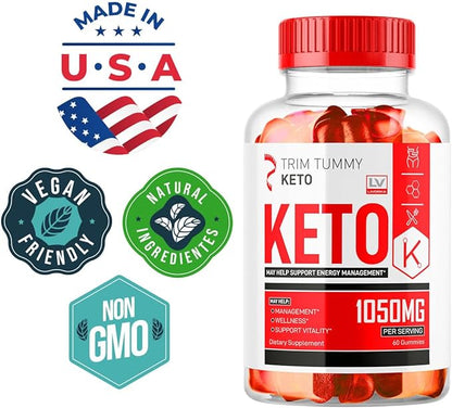 Trim Tummy Keto ACV Gummies 1050MG, Keto Apple Cider Vinegar - Advanced Formula, 60 Gummies for 1 Month