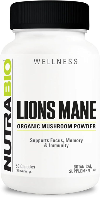NutraBio Lions Mane Supplement Capsules- Organic Lion's Mane Mushroom Powder- Mushroom Supplement Capsules (500mg)- 60 Vegetable Capsules