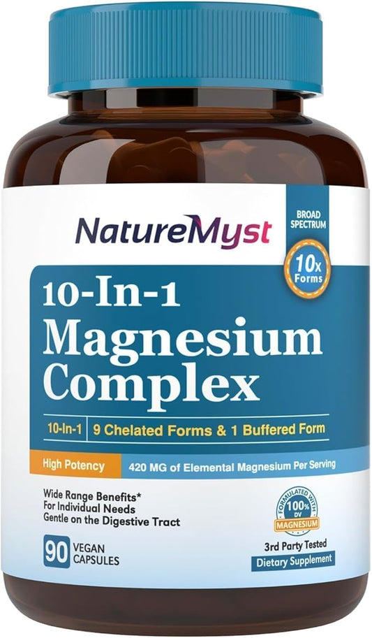 Magnesium Complex Supplement, 420mg Elemental Magnesium, 10 High Absorption Forms Magnesium Glycinate, Citrate, Malate, Taurate & More for Sleep, Nerve, Muscle Health, Non-GMO, 90 Vegan Capsules
