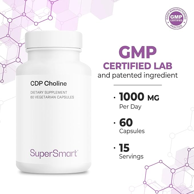Supersmart - CDP Choline 1000mg per Day (Patented & High Dose) - Cognizin Citicoline Supplement | Non-GMO & Gluten Free - 60 Vegetarian Capsules