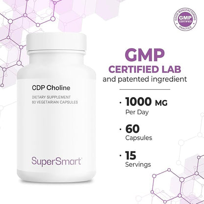 Supersmart - CDP Choline 1000mg per Day (Patented & High Dose) - Cognizin Citicoline Supplement | Non-GMO & Gluten Free - 60 Vegetarian Capsules