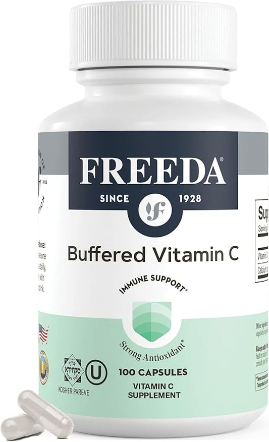 FREEDA Buffered Vitamin C 500mg – Kosher High-Potency Antioxidant & Immune Support – Gentle on The Stomach Calcium Ascorbate – 100 Capsules