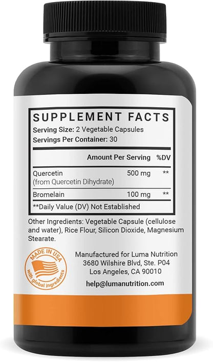 Luma Nutrition Quercetin 500mg - Quercetin with Bromelain Supplement - Antioxidant - Immune Support - Vegan & Gluten-Free - 60 Capsules