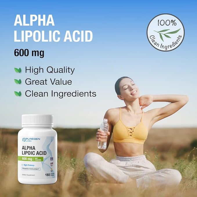 Puregen Labs Alpha Lipoic Acid 600mg [High Potency] Total 360 Veggie Caps, Antioxidant Support | No Harmful Additives | Non-GMO, NO Gluten and Dairy, 600 mg per Capsule - Made in USA - 2 Pack