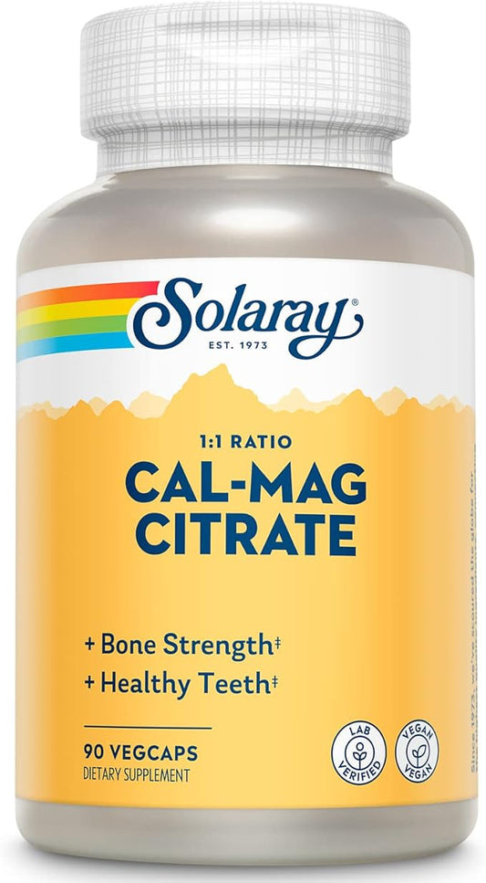 Solaray Calcium Magnesium Citrate 1000mg 1:1 Ratio, Bone Strength Supplement, Muscle, Nervous System and Bone Health Support, Chelated for High Absorption, Gentle Digestion, 15 Servings, 90 VegCaps