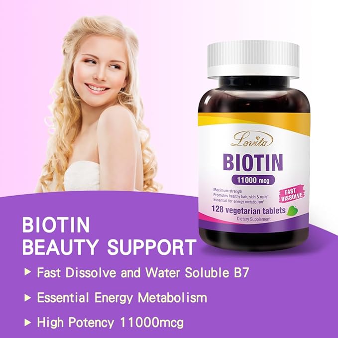 Lovita Maximum Strength 11,000mcg Biotin: Fast-Dissolving, Vegetarian Tablets - Easily Absorbed, Gluten & Dairy-Free, 128 Vegan-Friendly Tablets