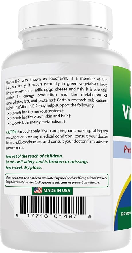 Best Naturals Vitamin B2 (Riboflavin) 400mg - Migraine Relief - Veggie Capsules - Conezyme Precursor - 120 Count