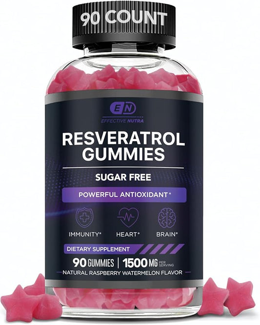 Resveratrol Gummies 1500mg | Sugar-Free Supplement for Antioxidant Support, Immunity, Heart Health, and Brain Function | 45-Day Supply, Natural Berry Flavor, Made in USA (90 Count)