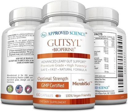 Approved Science® Gutsyl - Leaky Gut Supplement - Protect GI Tract with Aloe Vera, Marshmallow Root, Licorice, and Slippery Elm - Contains Prebiotic and BioPerine - 60 Capsules - 100% Vegan