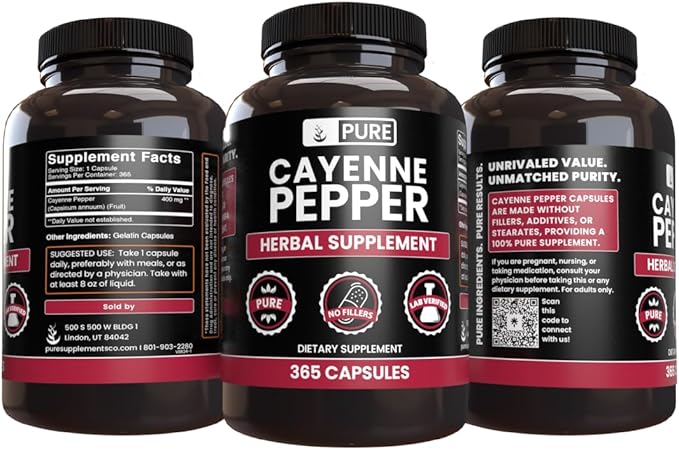 PURE ORIGINAL INGREDIENTS Cayenne Pepper (365 Capsules) No Magnesium Or Rice Fillers, Pure, Lab Verified