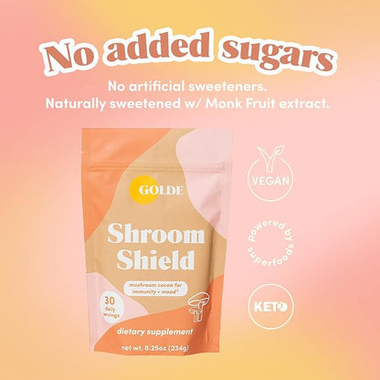 GOLDE Shroom Shield - Plant Based Superfood Blend w/Turkey Tail Mushroom & Reishi Mushroom Extract - Stress Defense - Antioxidants & Prebiotics - Vegan, Keto, & Sugar-Free Hot Cocoa - 30 Servings