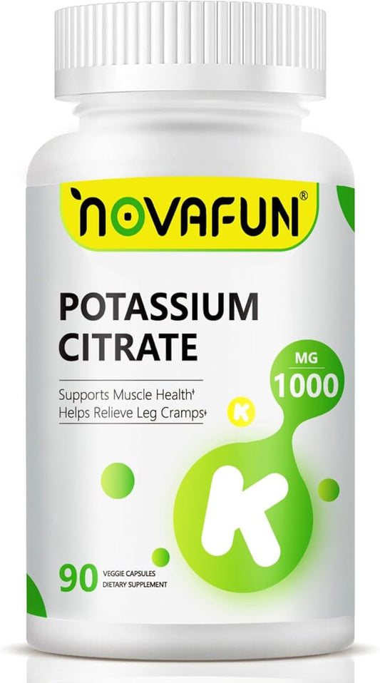 Potassium Citrate 1000mg, Potassium Supplement for Leg Cramps, Muscle & Heart Health, Vegan, Non-GMO, Gluten Free, 90 Capsules