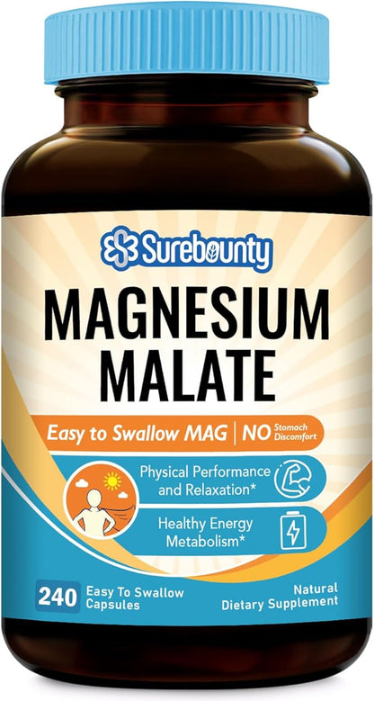 Magnesium Malate Capsules 410mg, Magnesium Supplement, Chelated, High Absorption, Energy Production & Muscle Support for Children, Teenagers, and Adults, 240 Vegan Caps