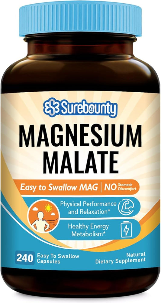 Magnesium Malate Capsules 410mg, Magnesium Supplement, Chelated, High Absorption, Energy Production & Muscle Support for Children, Teenagers, and Adults, 240 Vegan Caps