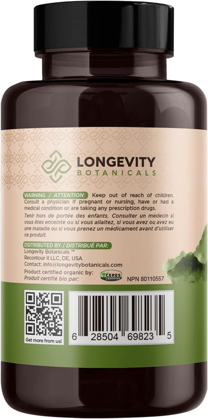 Longevity Botanicals Organic Lion’s Mane Mushroom Extract Capsules (120) | Concentrated 8:1 Ratio | 100% Fruiting Bodies | Hericium Erinaceus Nootropic Supplement for Focus, Memory & Brain Support