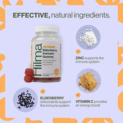 Hilma Elderberry Gummies Formulated with Vitamin C & Zinc, Natural, Vegan, Clinically Proven Ingredients, Immune Support Supplement Plus Antioxidants,Natural Berry Flavor (60 Gummies)