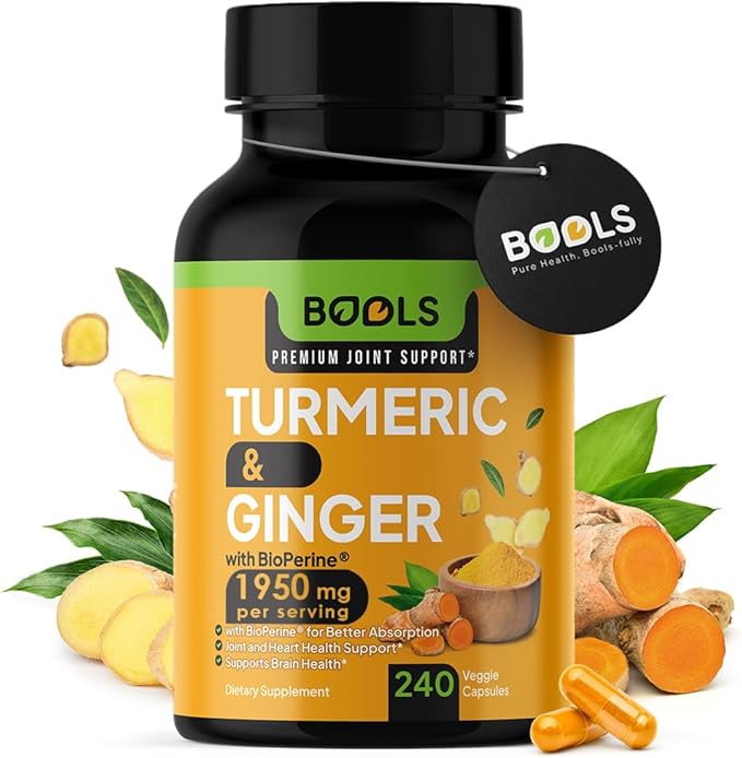 Bools Turmeric Curcumin Supplement with BioPerine & Ginger, Turmeric Curcumin with Black Pepper 1950mg for Max Absorption Joint Support- Non-GMO Turmeric Supplement, Vegan, 240 Capsules
