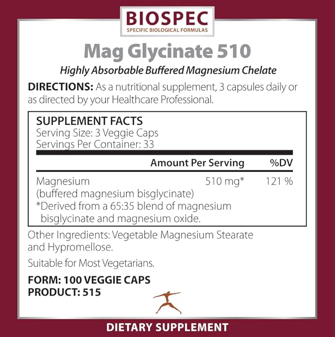 Mag Glycinate 510 – Magnesium Glycinate – Nutritional Supplement for Stress, Heart Health, Nerves, Muscles, Energy, and Metabolism* - (100 Capsules)