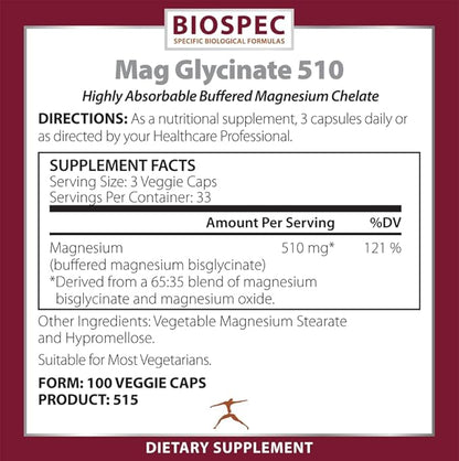 Mag Glycinate 510 – Magnesium Glycinate – Nutritional Supplement for Stress, Heart Health, Nerves, Muscles, Energy, and Metabolism* - (100 Capsules)