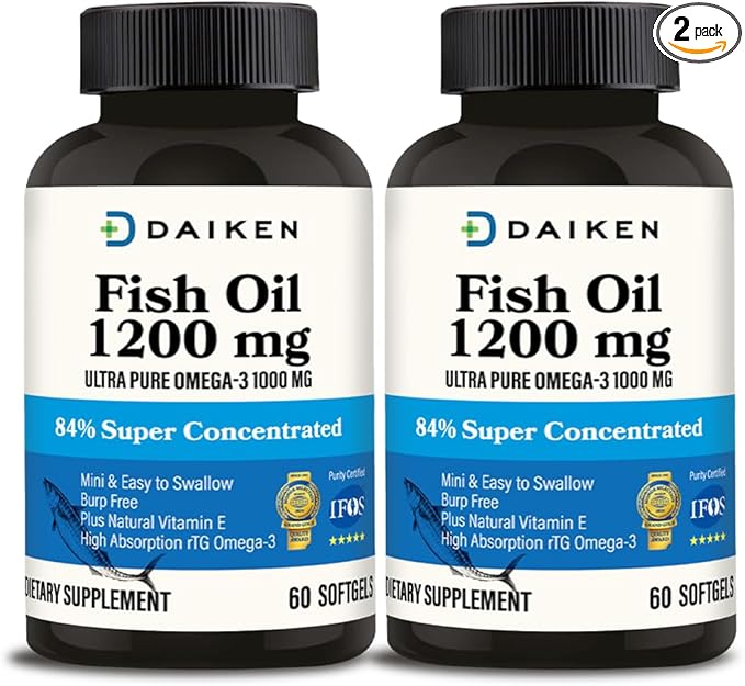 DAIKEN Mini Fish Oil 1200 mg, rTG Omega 3 1000mg, 60 Softgels, High Absorption & Burpless Fish Oil for Healthy Heart, Brain and Dry Eyes Support (Pack of 2)
