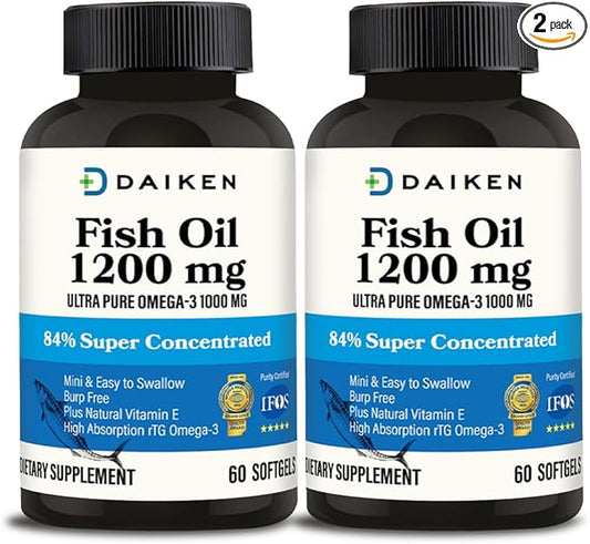 DAIKEN Mini Fish Oil 1200 mg, rTG Omega 3 1000mg, 60 Softgels, High Absorption & Burpless Fish Oil for Healthy Heart, Brain and Dry Eyes Support (Pack of 2)