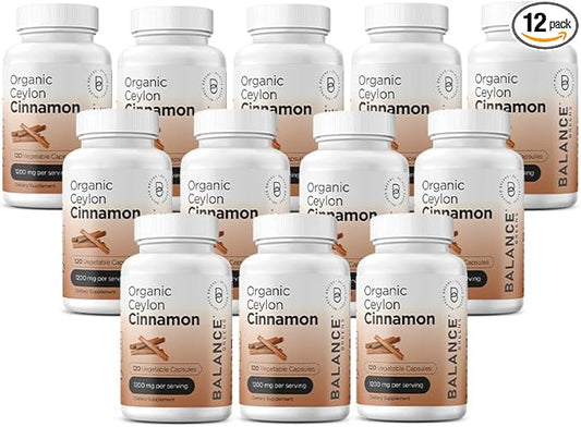 Balancebreens Certified Organic Ceylon Cinnamon 1200mg Supplement - 120 Veg Capsules - Heart, Brain and Joint Function Support - No Filler Pills (Pack of 12)
