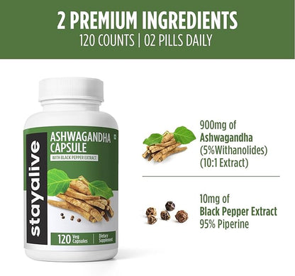 STAY ALIVE Ashwagandha with Black Pepper, 10:1 Extract, 120 Pills, 100% Pure Root Powder, Extra Strength Capsules, Non-GMO & Gluten Free Ashwagandha Supplements for Women and Men