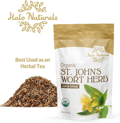 Organic St. John's Wort Herb Cut & Sifted, 4 Ounces (Hypericum perforatum) USDA Certified | Resealable Pouch| Packaged in The USA (Pack of 1)