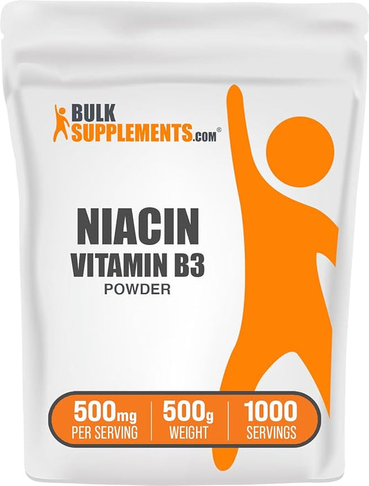 BulkSupplements.com Niacin Powder - Vitamin B3 Supplement, Niacin 500mg - Niacin Flush, Niacin with Flushing - Gluten Free, 500mg of Niacin per Serving, 500g (1.1 lbs) (Pack of 1)