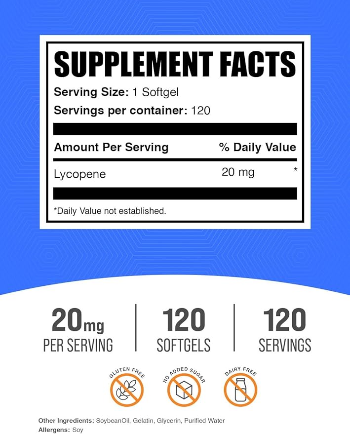 BulkSupplements.com Lycopene 20mg Softgels - Lycopene Supplement, Antioxidants Supplement - 1 Softgel per Serving, 120-Day Supply, 120 Softgels (Pack of 1)