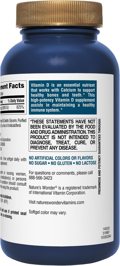 Nature's Wonder Vitamin D3 5000iu (125mcg) High Potency, Dietary Supplement to Support Bone Health and Immune System, Gluten Free, 360 Softgels, 1 Year Supply