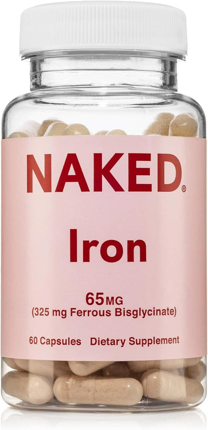 Naked Iron 65mg, 325mg Ferrous Bisglycinate - High Potency Iron Supplement for Iron Deficiency, Cellular Energy Support, Promotes Healthy Red Blood Cell Production, Non-GMO, Gluten-Free, 60 Capsules