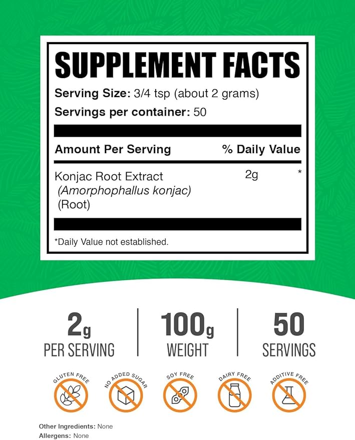 BulkSupplements.com Glucomannan Powder - from Konjac Root Extract Powder, Glucomannan Supplements - Gluten Free, 2g per Serving, 100g (3.5 oz) (Pack of 1)