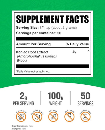 BulkSupplements.com Glucomannan Powder - from Konjac Root Extract Powder, Glucomannan Supplements - Gluten Free, 2g per Serving, 100g (3.5 oz) (Pack of 1)