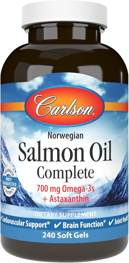 Carlson - Salmon Oil Complete, 700 mg Omega-3s + Astaxanthin, Cardiovascular Support, Brain Function & Joint Health, Norwegian, 240 Softgels
