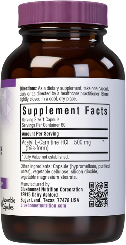 BlueBonnet Acetyl L-Carnitine 500 mg Vitamin Capsules, 60 Count