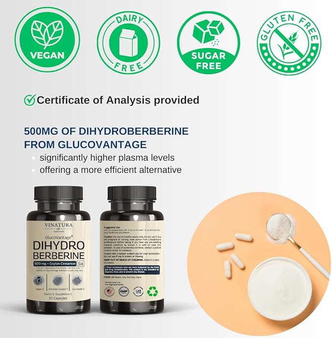 Dihydroberberine Supplement 500mg with Ceylon Cinnamon - (Patented GlucoVantage Super Berberine), Maybe Berberine 5X More absorbable - 30 Capsules