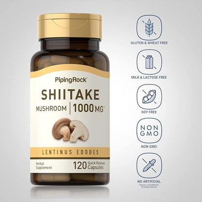 Piping Rock Shiitake Mushroom Extract | 1000 mg | 120 Capsules | Lentinus Edodes | Herbal Supplement | Non-GMO, Gluten Free