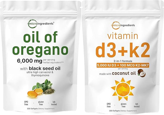 Micro Ingredients Oil of Oregano Softgels 6,000mg Per Serving & Vitamin D3 5000 IU Plus K2 (MK-7) 100 mcg, 300 Virgin Coconut Oil Softgels Bundle Pack | 4X Strength Carvacrol & Thymoquinon | Essential