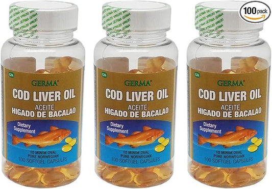 Germa Cod Liver Oil Natural Dietary Supplement. 100 Capsules. Pack of 3