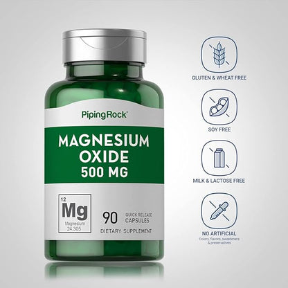 Piping Rock Magnesium Oxide 500mg Capsules | 90 Count | Non-GMO, Gluten Free Supplement