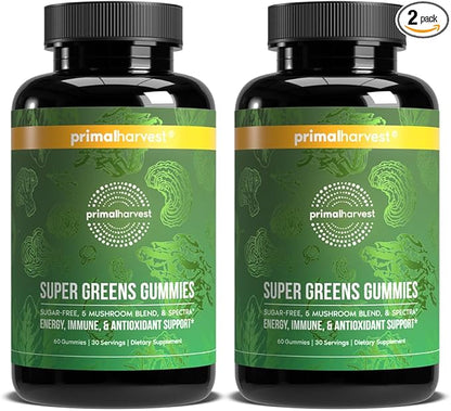 Primal Harvest Super Greens Gummies, Superfood Blend with Adaptogenic Mushrooms Vitamins & Nutrient-Rich Minerals & Antioxidants for Energy & Immune Support (1 Pack (60 Count), Berry)