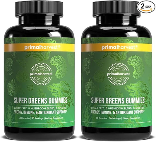 Primal Harvest Super Greens Gummies, Superfood Blend with Adaptogenic Mushrooms Vitamins & Nutrient-Rich Minerals & Antioxidants for Energy & Immune Support (1 Pack (60 Count), Berry)