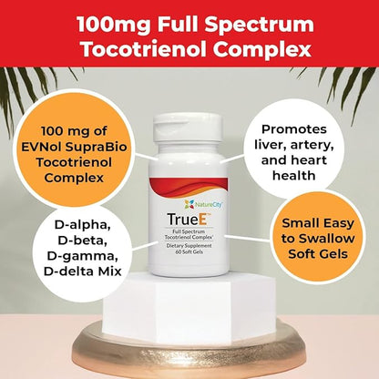 NatureCity True-E Full Spectrum Tocotrienols Vitamin E & Natural Alpha Tocopherol Supplement | Sustainable Tocotrienols from Evnol Suprabio | Non-GMO Vitamin E Complex | 120 Soft gels