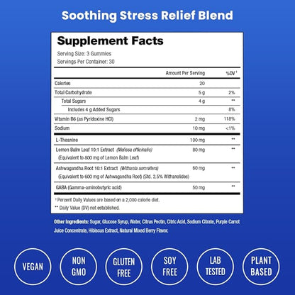 NutraChamps Calm Gummies, Stress Gummies Supplement with Ashwagandha, L-Theanine, GABA, Vitamin B6 & Lemon Balm, Supports Mood, Focus & Stress Relief, Natural Berry, 90 Gummies
