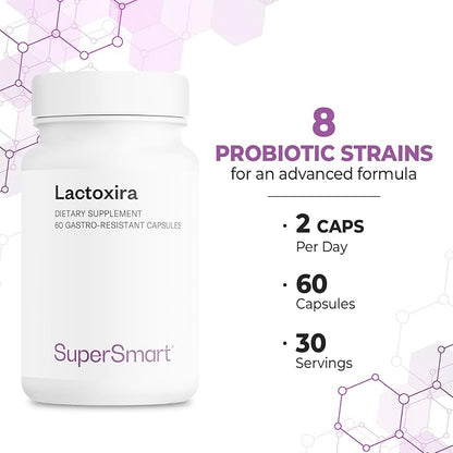 Supersmart - Lactoxira (High Potency) - 8-in-1 Probiotic Complex Supplement - Advanced Formula for Women & Men - with Lactobacillus Casei, Brevis | Non-GMO & Gluten Free - 60 DR Capsules