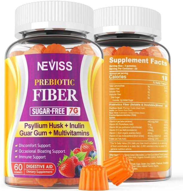 1Pack Fiber Gummies with Probiotics for Adults, 7G Soluble Fi ber + Insoluble Fi ber, Sugar Free with Psyllium Husk, Inulin, Fos, Multivitamins for Daily Digestive Health, Regularity Gut Support